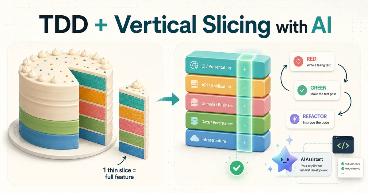 TDD Red-Green-Refactor cycle + Vertical Slicing — cắt feature end-to-end mỏng