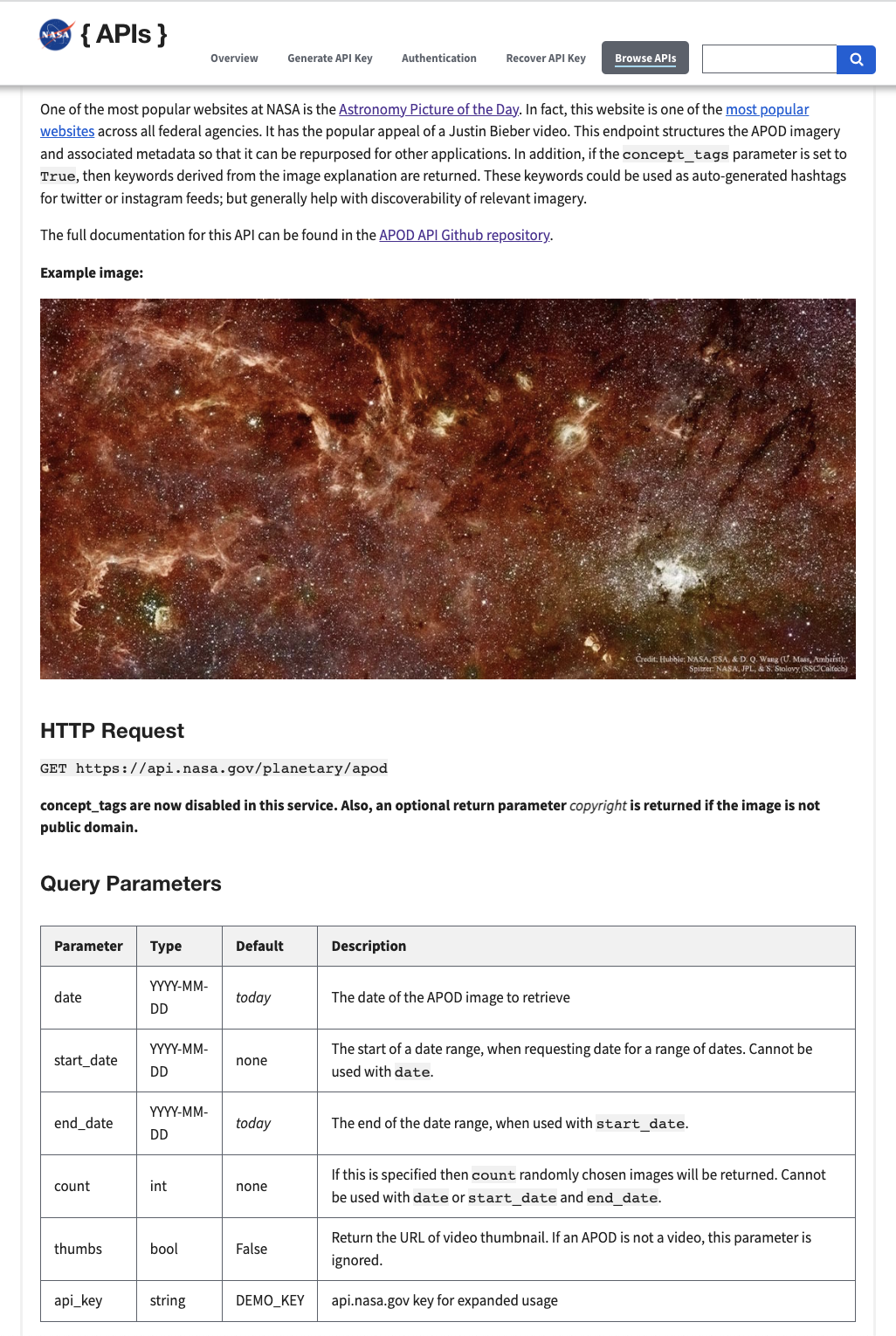 Trang tài liệu API của NASA — danh sách endpoint công khai và cách dùng