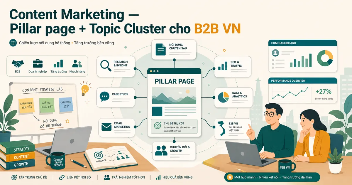 Content Marketing — Pillar + Topic Cluster hub-and-spoke pattern
