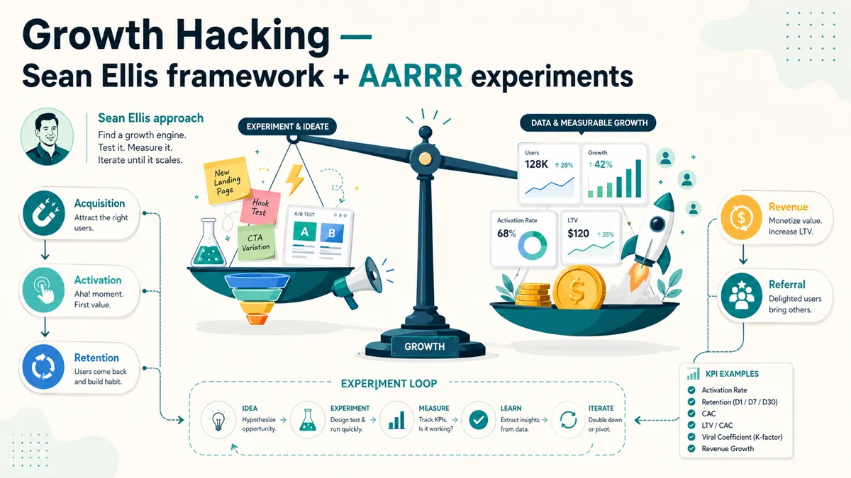 Growth Hacking — Sean Ellis framework + AARRR experiments dashboard