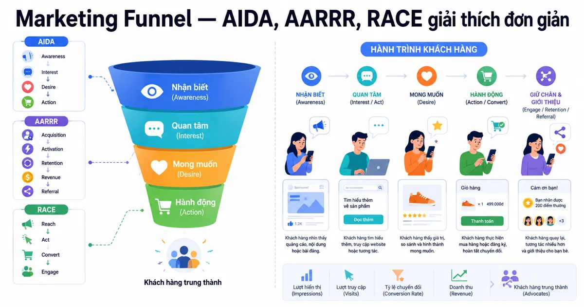 Marketing Funnel — AIDA, AARRR, RACE 5 stage customer journey