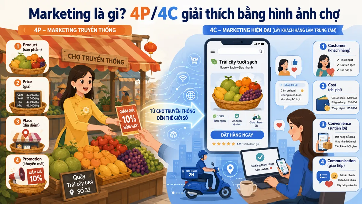 Marketing là gì — 4P/4C qua hình ảnh chợ truyền thống và digital